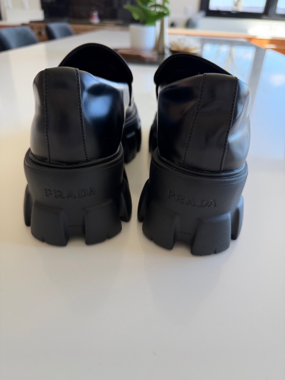 Prada Black Leather Chunky Lug-Sole Penny Loafers - Picture 2 of 3